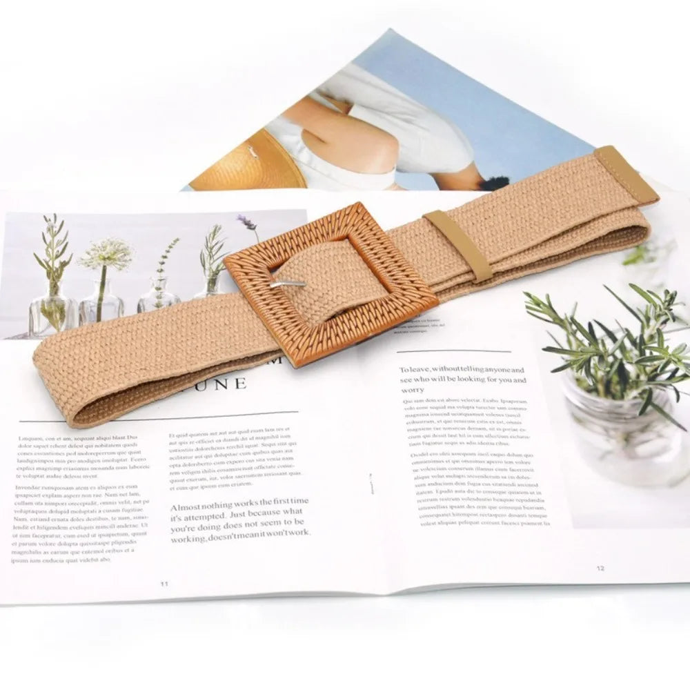 Summer Casual Elastic Braided Waistbelt Wide Straw Belt Waist Belt Quake Camel-Style 2
