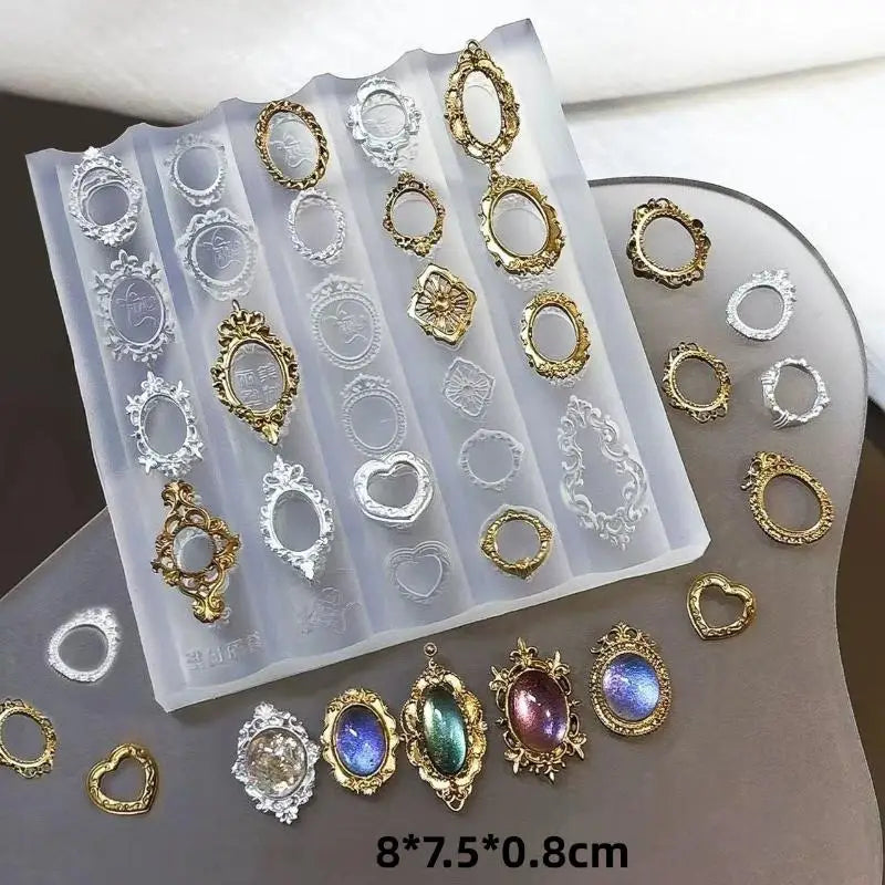 Retro Picture Frame Gem Baroque Shell Carving 3D Relief Manicure Templates Nail Art Transparent Silicone Nail Mold Quake A1