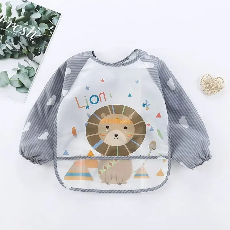 1Pcs Toddler Baby Cartoon Long Sleeve Art Apron Waterproof Eating Smock Infant Animal Smock Soft Baby Bib Burp Clothes Quake B31 Lion 0-3Years old