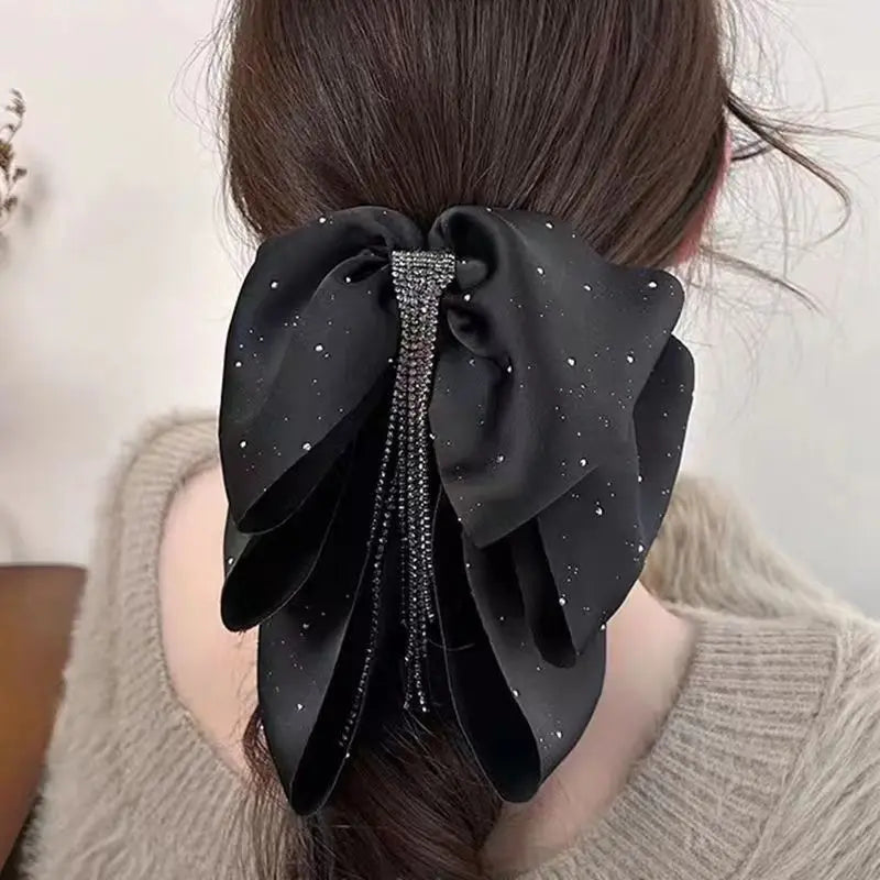Bow Grab Clip Tassel Satin Premium Starry Sky Ponytail Hair Grab Back of Head Retro Rhinestone Hairpin Female Quake