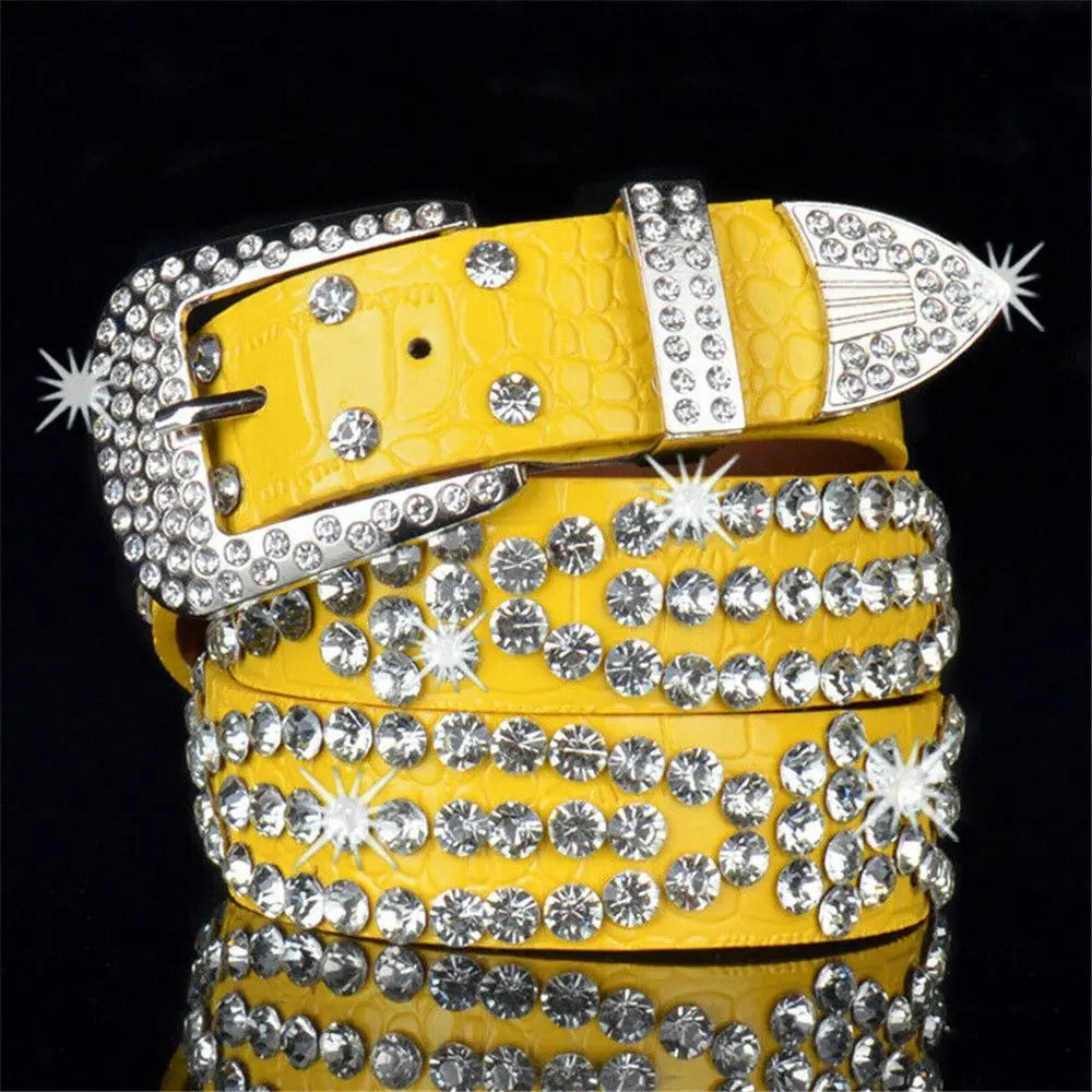Women Adjustable Studded Rhinestone Belt PU Leather Bling Crystal Waistband Quake yellow