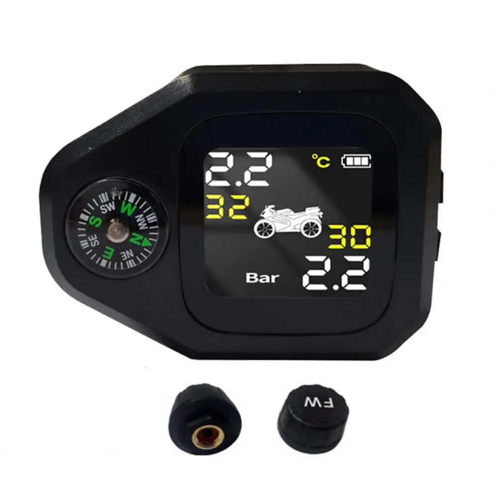 Motorcycle TPMS with Compass Dustproof LCD Screen High-Precision External Sensor Tire Pressure Monitor for Motorcycle Quake Black