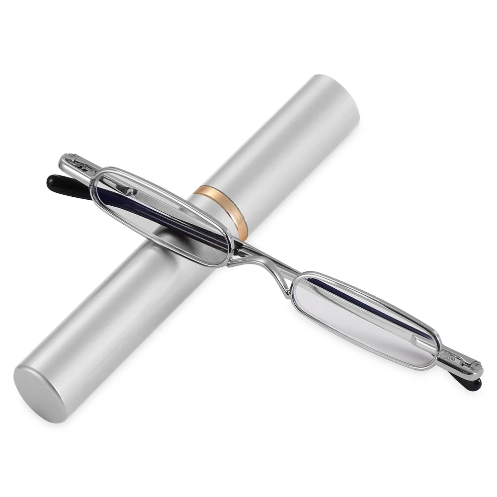 Compact Spring Hinged Men Women Eyeglasses Readers with Pen Clip Tube Case Slim Pen Reading Glasses Slim Reading Glasses Quake silver Strength 3.0x