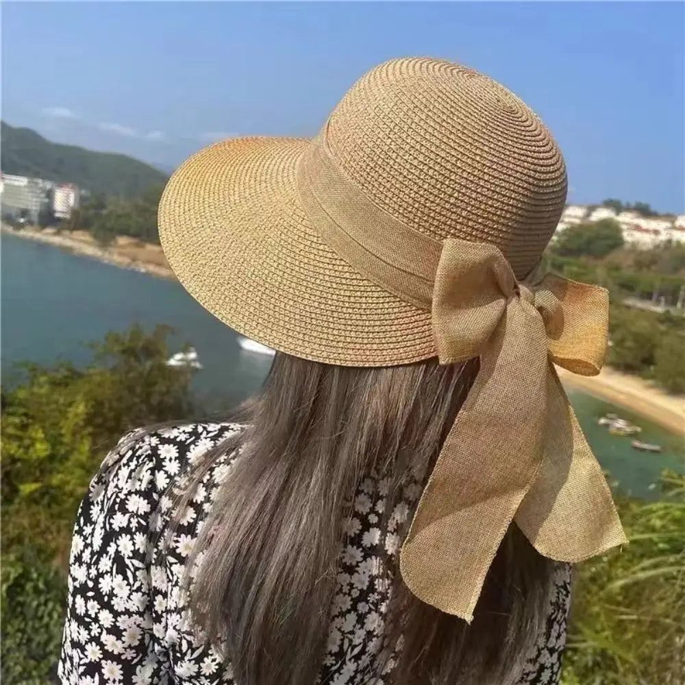Summer UV Protection Sun Hat Wide Brim Bowknot Beach Cap Travel Fashion Panama Cap for Women Quake