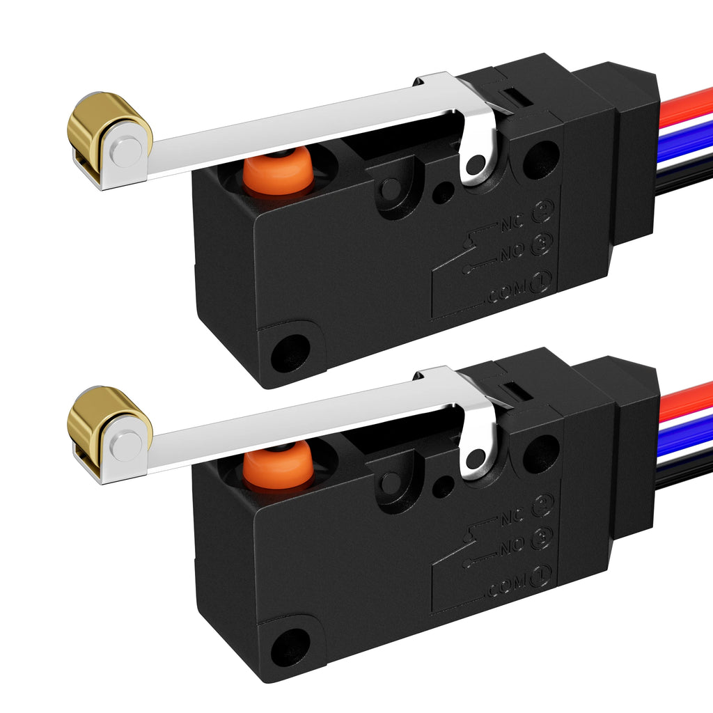2PCS Waterproof Micro Limit Switch with Long Straight Roller Lever SPDT 3 PIN Pre-wired 10A 125 250V Micorswitch for Electronic Quake
