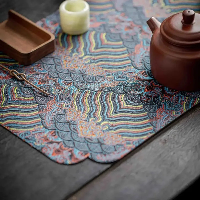 1pc Double Sided Brocade Tea Mat Chinese Zen Style Non Slip Dry Retro Dining Table Decoration Traditional Coaster Quake