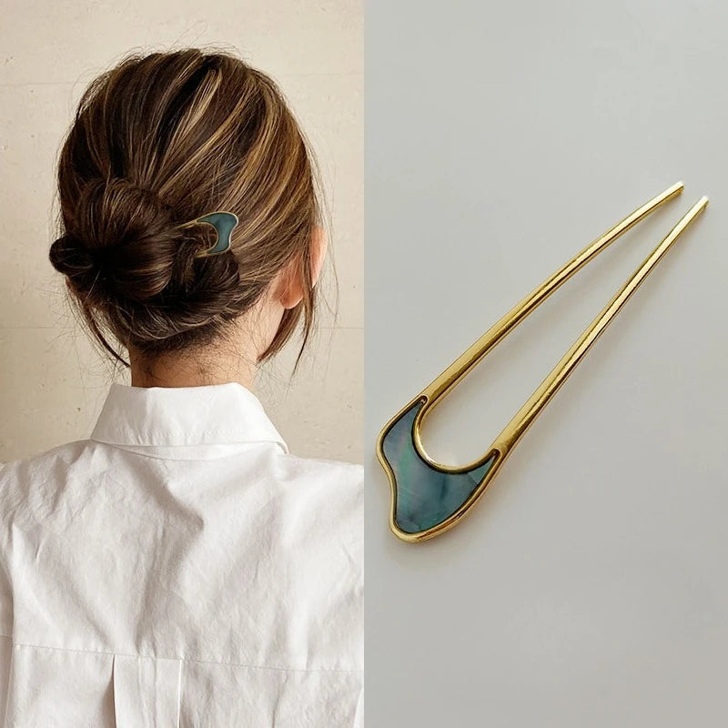 Simple Elegant Gold Sliver Enamel Hairpin Hair Stick Women Girls Korean Metal U-shaped Hair Styling Accessories Jewelry Headwear Quake