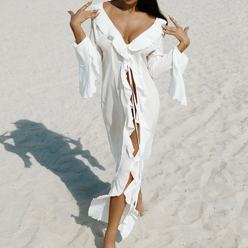 Fashion V Neck Summer Beach Cover Up Ruffled Loose Beach Dress Long Sleeve Vacation Bikini Sunscreen Smock for Women Quake White M