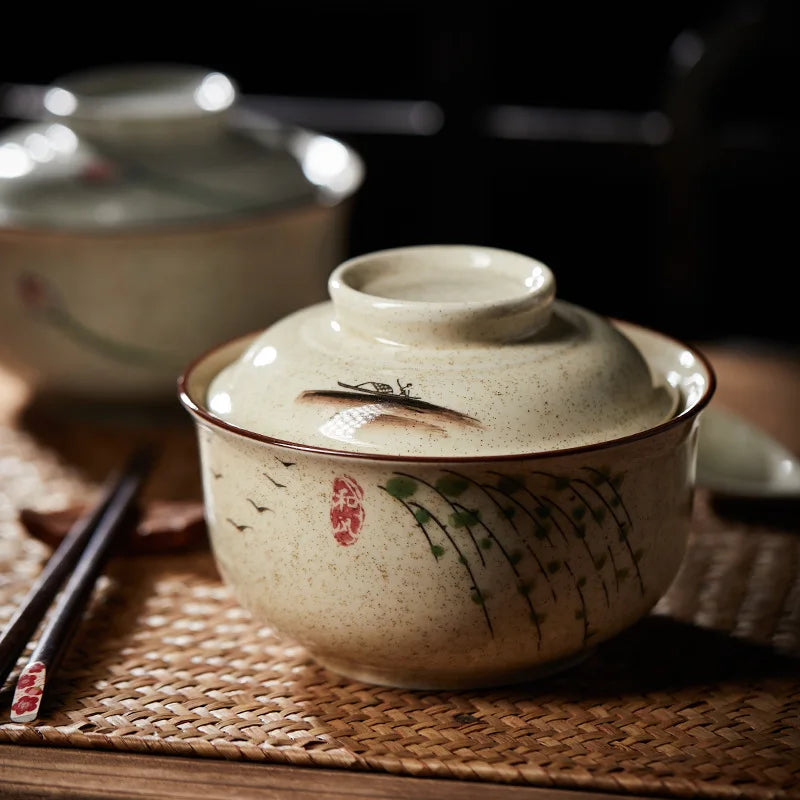 YWDL 6.5inch Japanese Style Ramen Bowl With Lid Ceramic Instant Noodle Bowl For Soup Rice Noodle And Porridge Kitchen Tableware Quake