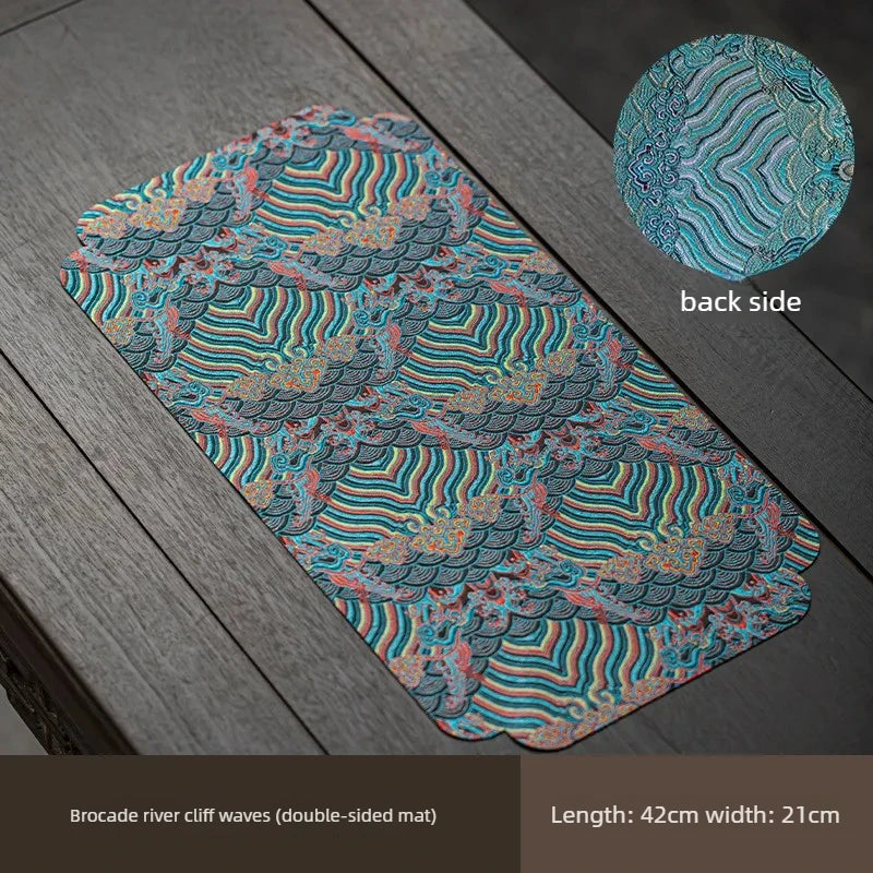 1pc Double Sided Brocade Tea Mat Chinese Zen Style Non Slip Dry Retro Dining Table Decoration Traditional Coaster Quake 1pc 42x21cm