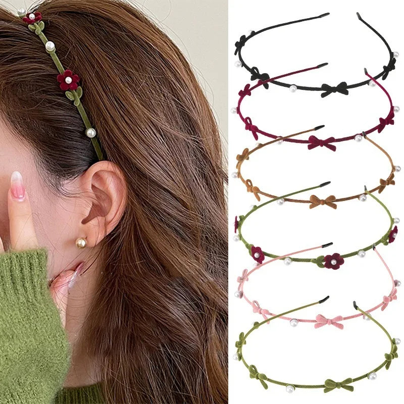Sweet Cute Bow Headband Fine Velvet Pearl Flower Headband for Women Girls Outdoor Hair Hoop Pressing Hair Styling Accessories Quake