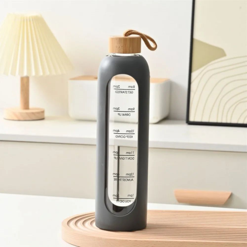 Trendy Time-marked Glass Water Bottles Bamboo Lid Sport Silicone Sleeve Drink Bottle Free of Lead Sports Water Cup Quake black 1.0L