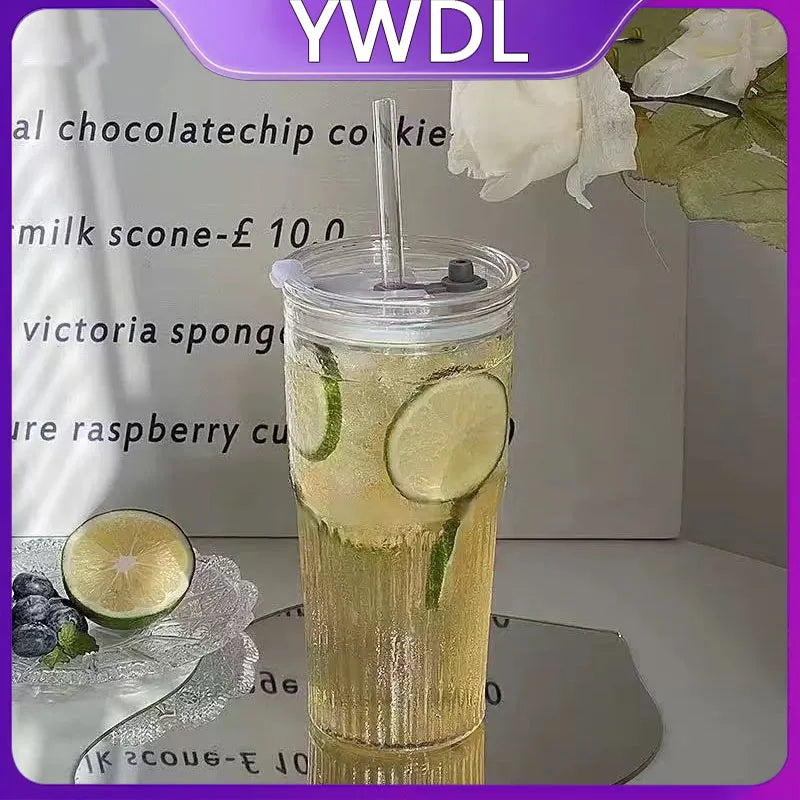 YWDL 600ml Stripe Glass Cup with Lid And Straw Transparent Milk Tea Juice Cup Drinking Glasses Ice Water Coffee Mug Bar Quake
