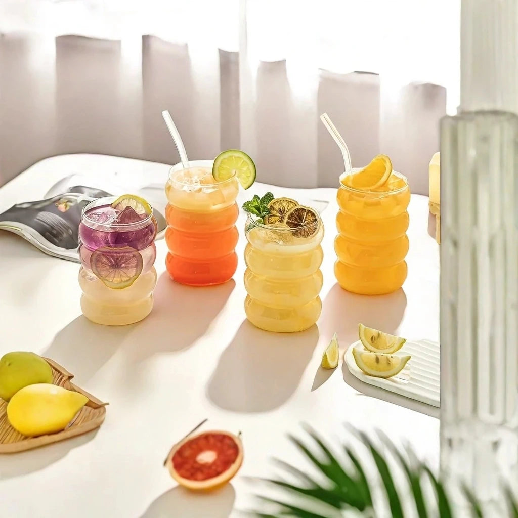 YWDL 4pcs Glass Cups Coffee Mug Clear Drinking Glasses Ribbed Glassware Cups With Straws Set Cocktail Fruit Glass Drinkware Quake