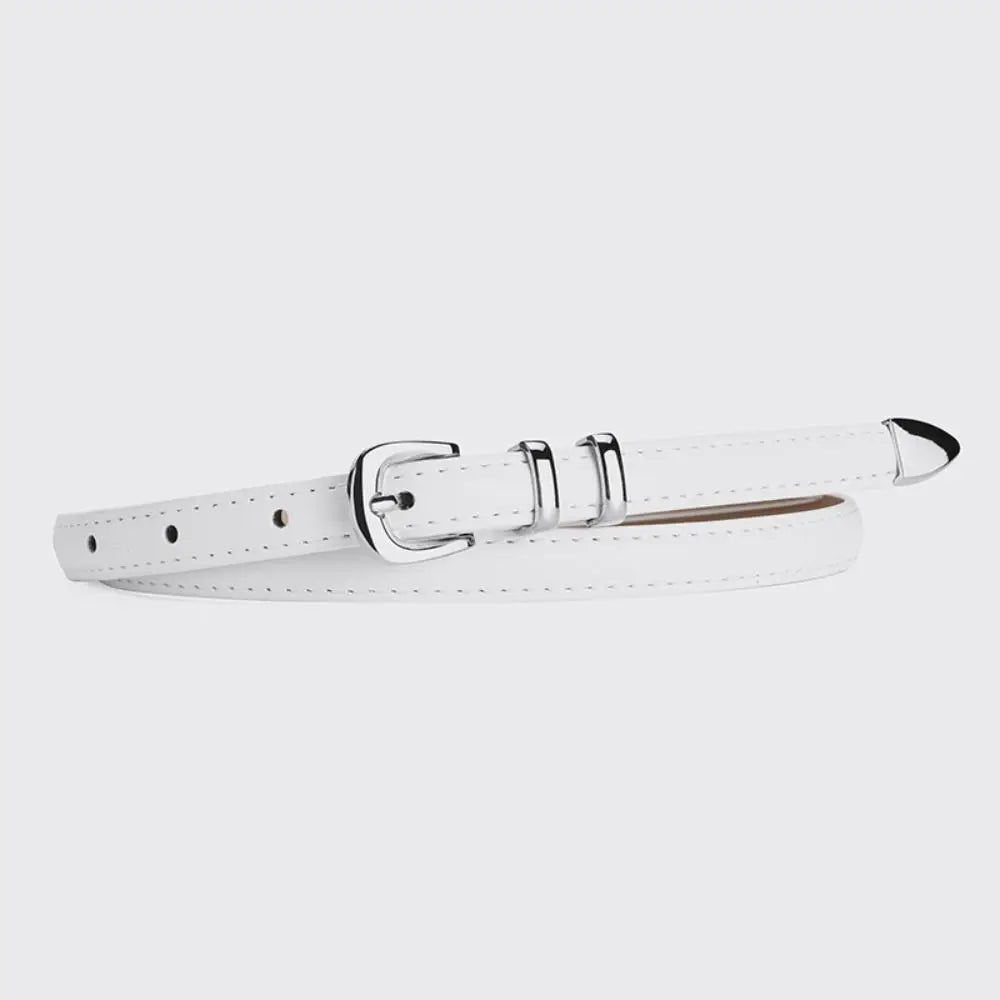 Trend Luxury Design PU Leather Belt Casual Retro Silver Pin Buckle Waistband Versatile Thin Belts Quake white