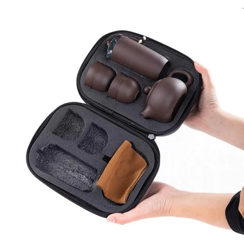 One Pot of Purple Clay Four Cups Outdoor Portable Tea Set Travel Tea Set Gift for Friends Quake