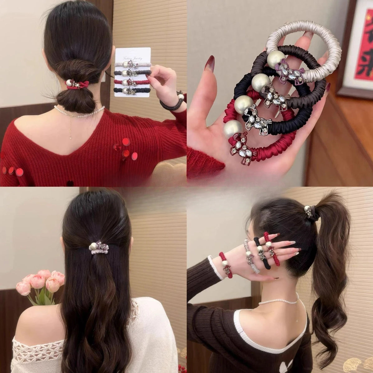 Rhinestone Pearl Horse Hair Ties for Women Elegant Elastic Rubber Bands Sweet Cute Animal Decoration Hair Accessories for Daily Quake