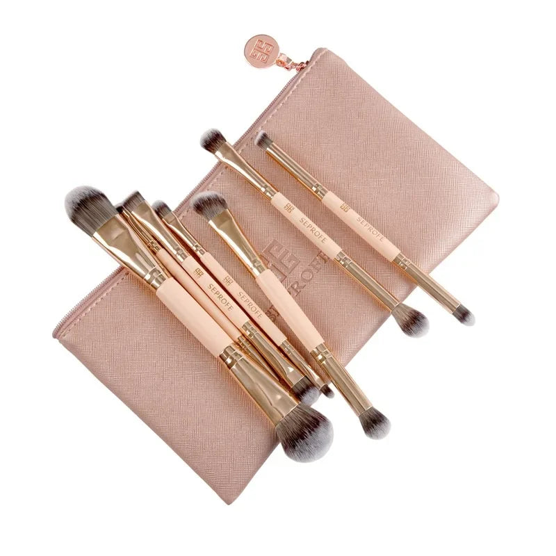 7Pcs/Lot Makeup Brush Tube Double Head Eyeliner Eye Shadow Foundation Brushes With Zipper Bag Quake Rose Gold
