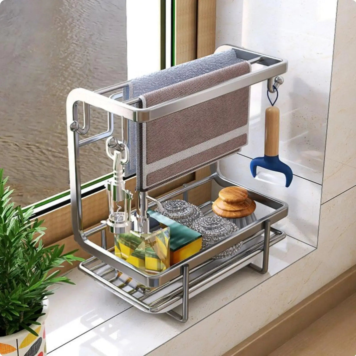 Kitchen Shelf Organizer with Hooks and Bottom Sponge Area Dishwashing Sink Drainer Rack for Kitchen Cleanup Storage Quake