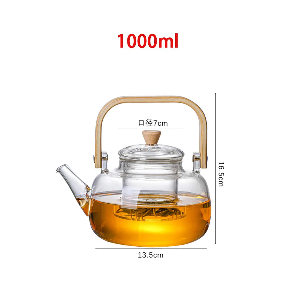 1L Heat-Resistant Glass Teapot With Removable Infuser Clear Bamboo Handle Tea Kettle For Loose Leaf Tea Flower Tea Herbal Tea Quake