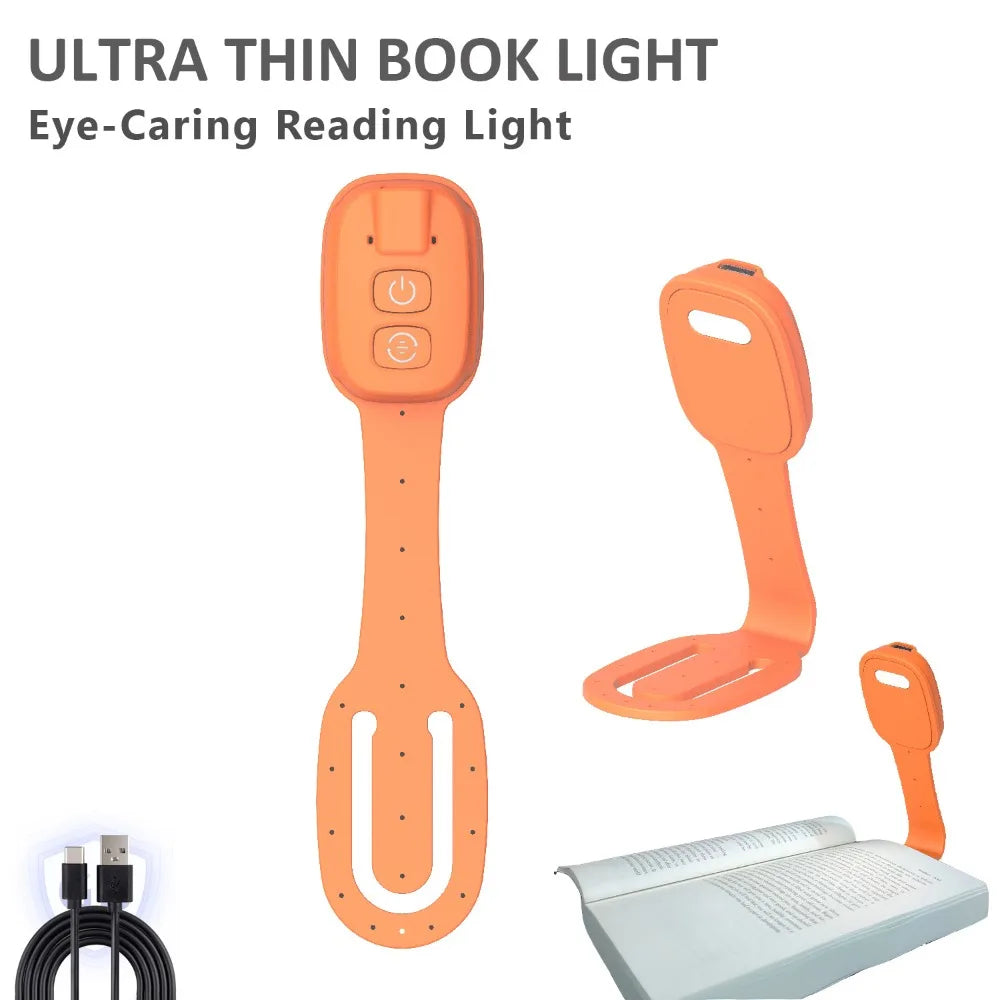 2-in-1 Clip-On Book Light Rechargeable Ultra-thin Mini Book Light with Dimmable Brightness Eye-Caring LED Reading Light Travel Quake Orange