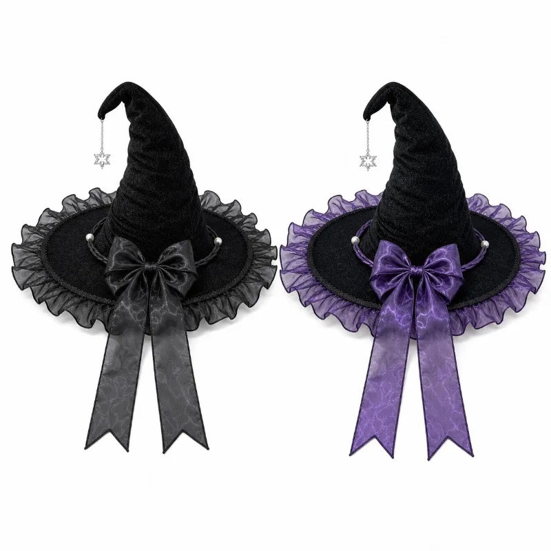 Halloween Witch Wizard Party Hat Black Purple Bow Gothic Lolita Cosplay Costume Headwear for Festival Party Decoration Quake