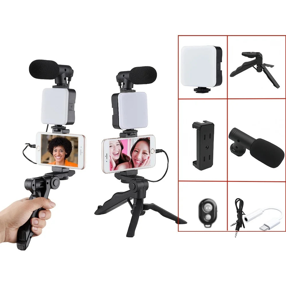 Smartphone Vlogging Kit With Tripod Phone Holder Mini Microphone Fill Light Starter Portable Stabilizer Bracket For Live Stream Quake black
