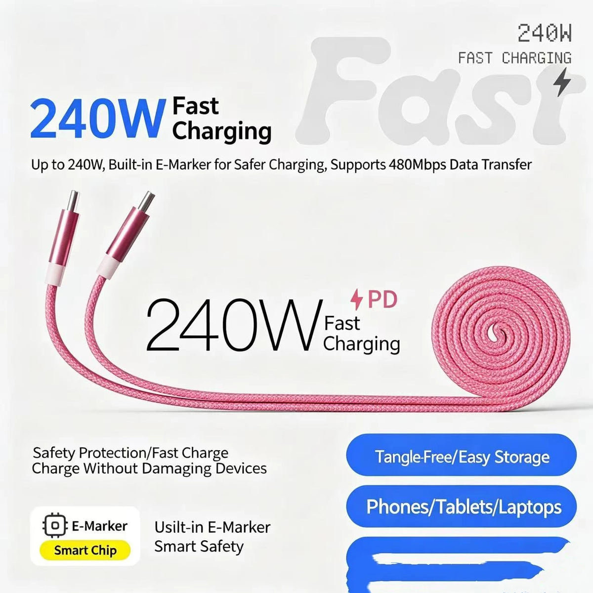 Magnetic 240W Fast Charger Cable USB C To C for Phone Quake