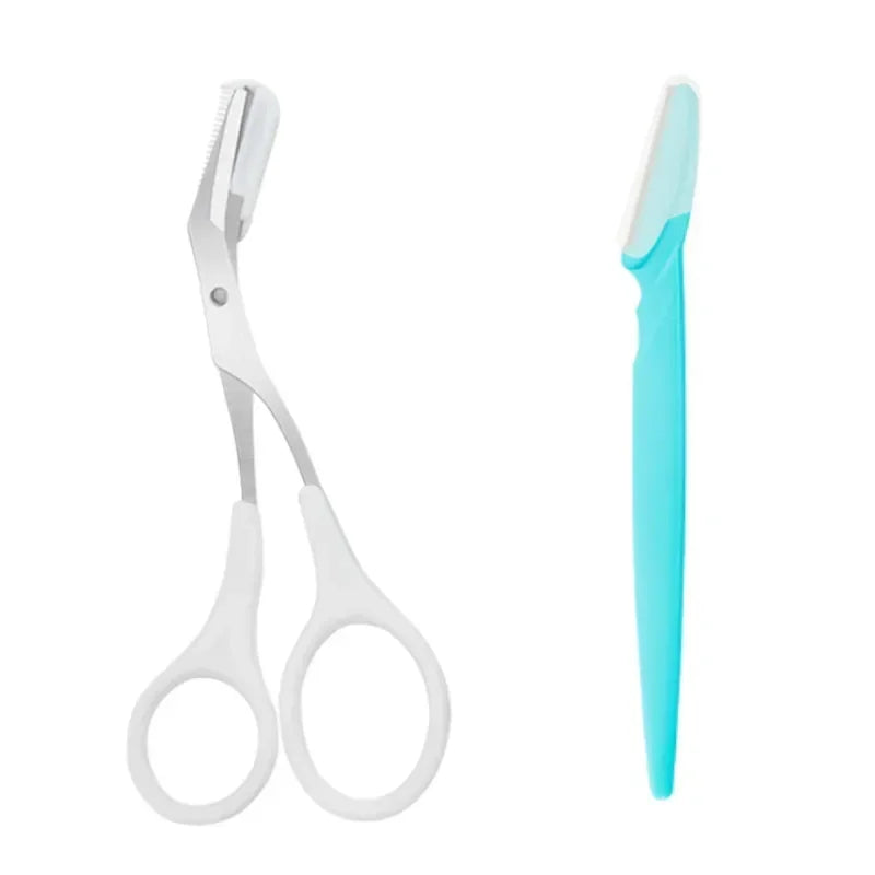 vvocci Women's Eyebrow Trimmer Scissors with Built-in Comb – Stainless Steel Precision Grooming Scissor for Beauty & Makeup Quake M27 Set White-2Pcs