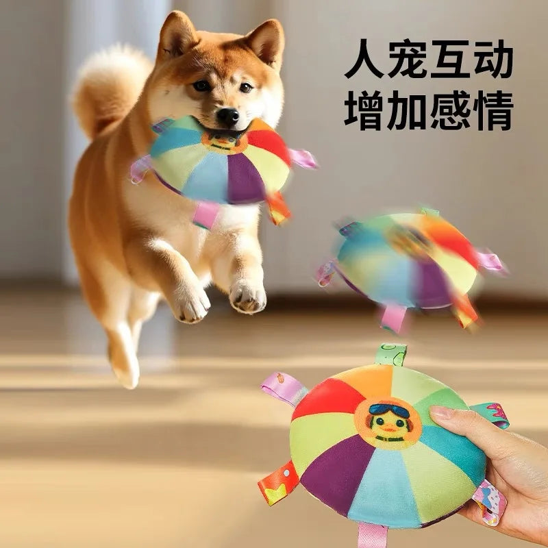Funny Rainbow Plush Flying Saucer Dog Toys Outdoor Interactive Training Games Chew Toy Pets Flying Discs Toys with Bells Quake