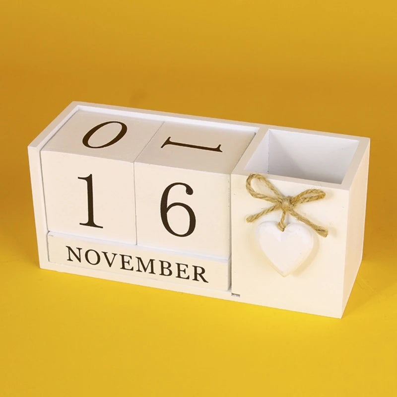 Wooden Permanent Calendar with Pen Holder, Desk Pen Holder with Blocks Permanent Calendar Office Desk Decorations K1KF Quake