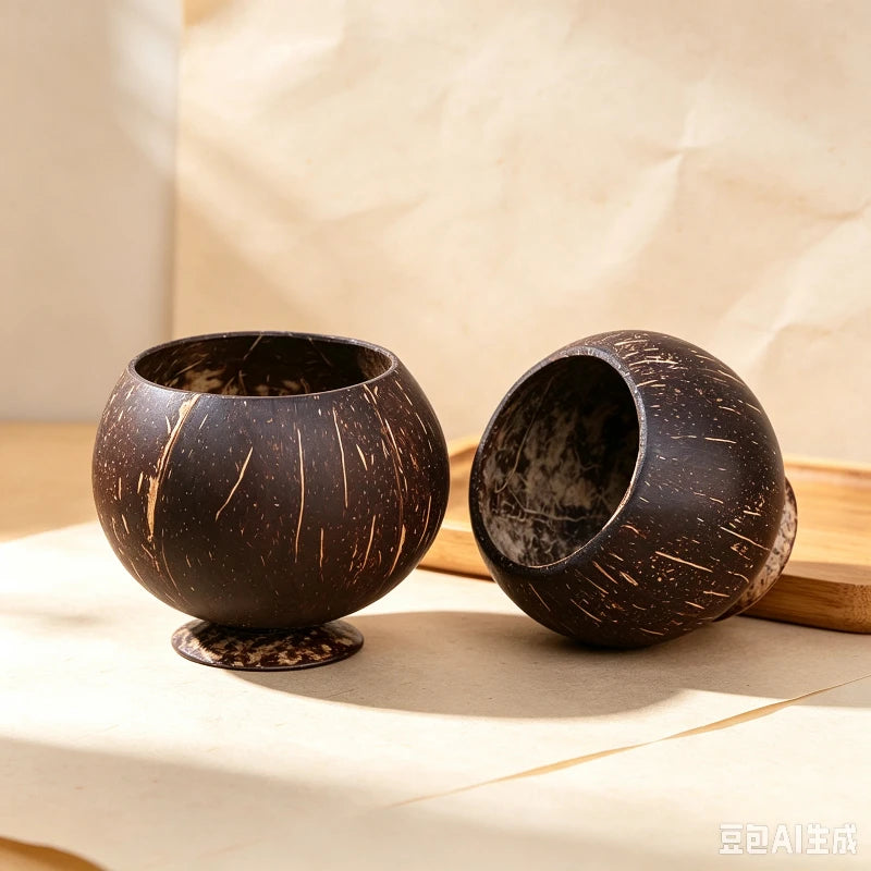 1PC Handmade Coconut Shell Goblet Cup with Base Japanese Style Bowl for Milkshake Dessert Salad Home Drink Cup Quake