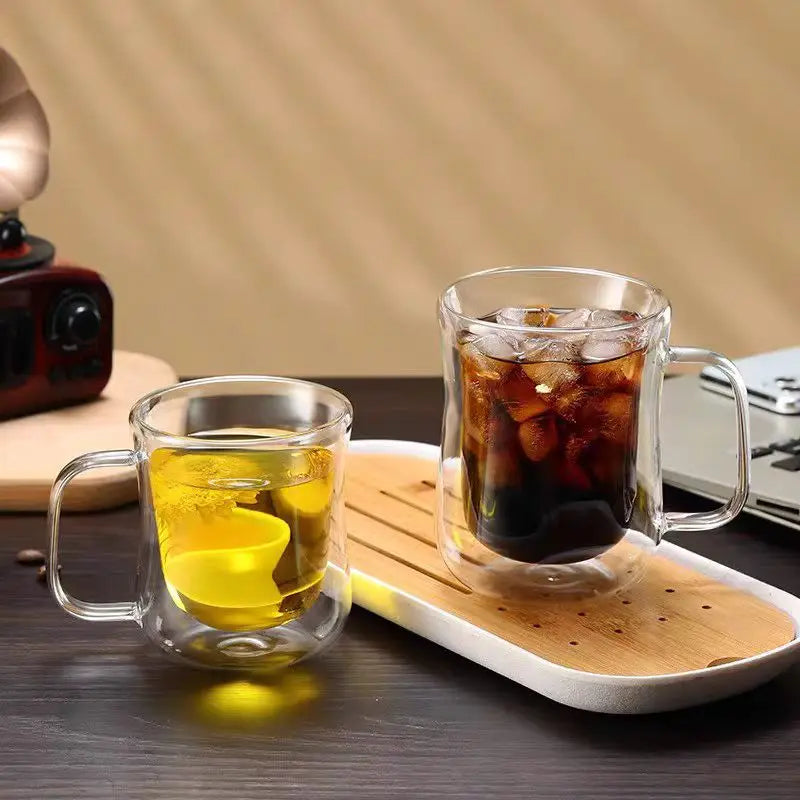 YWDL Double-Wall Glass Cup Set Clear Coffee Mug with Handle for Hot Cold Beverages Milk Juice 180/250/350ml Drinkware Quake