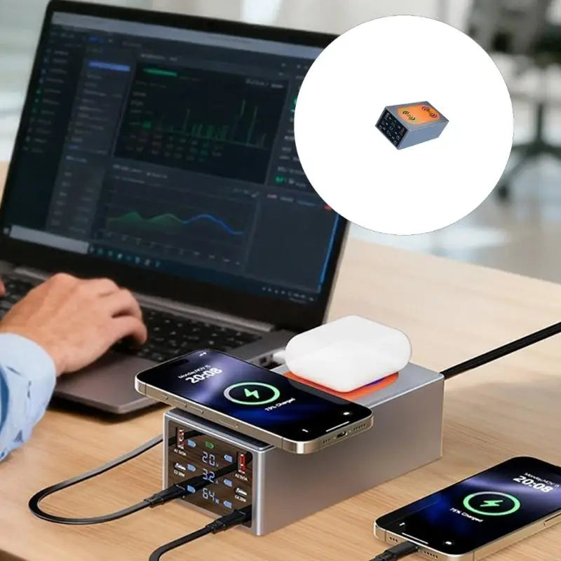 220W Intelligent Charging Station with Double Wireless Chargers & Multiple USB Port Suitable for Phones Tablets K1KF Quake