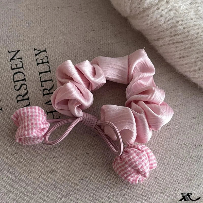 Cream White Pink Tulip Flower Hair Scunchies Satin Bow Hairbands Sweet Cute Ponytail Holder Hair Ropes Hair Styling Accessories Quake Pink