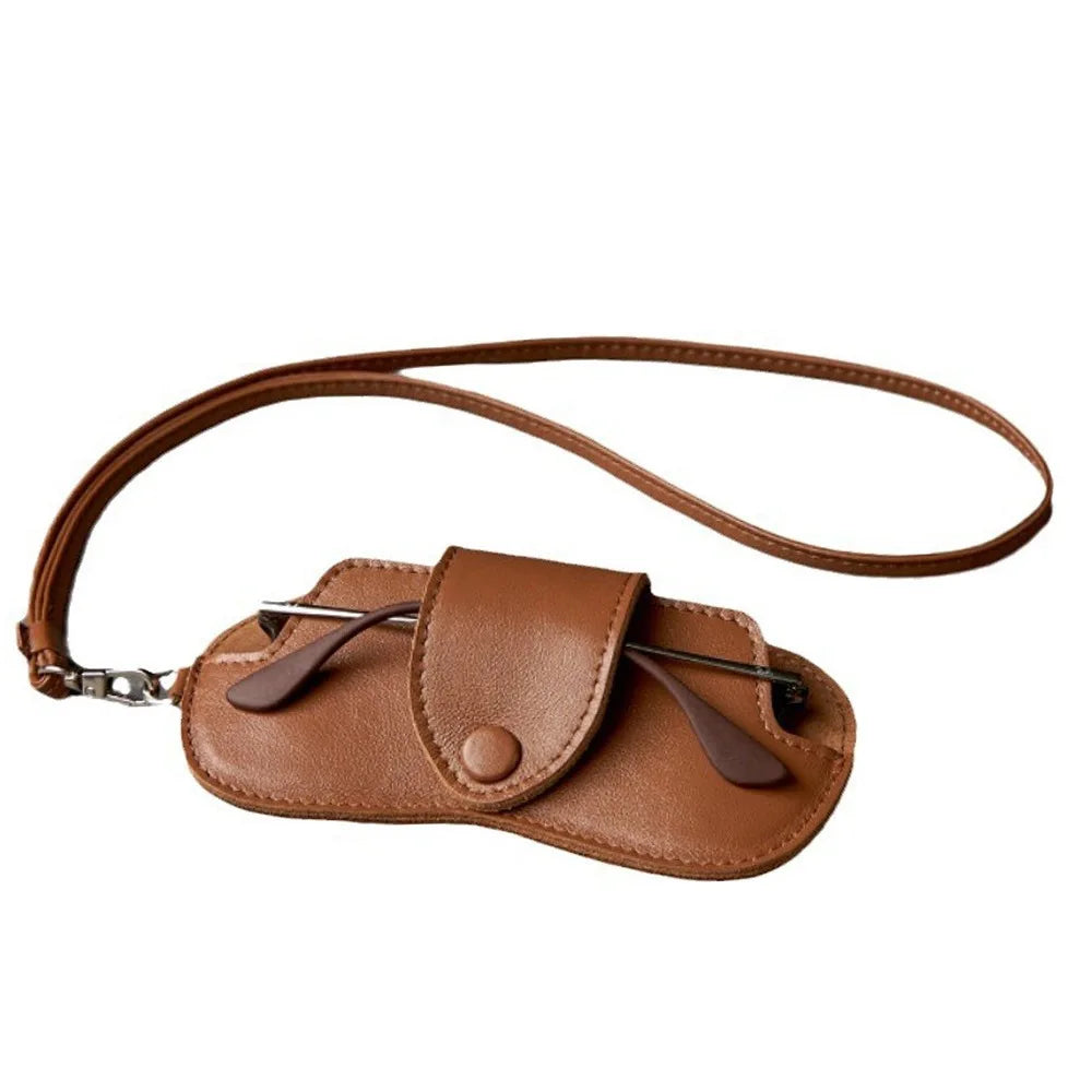 PU Leather Sunglasses Storage Bag with Lanyard Durable Sunglasses Pouch Solid Color Portable SunGlasses Holder Quake Brown