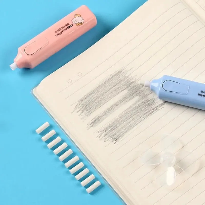Electric Eraser with Fan Blades & Refills Low Rubber Debris Traceless Automatic Eraser Set Labor-saving Core Replacement Quake