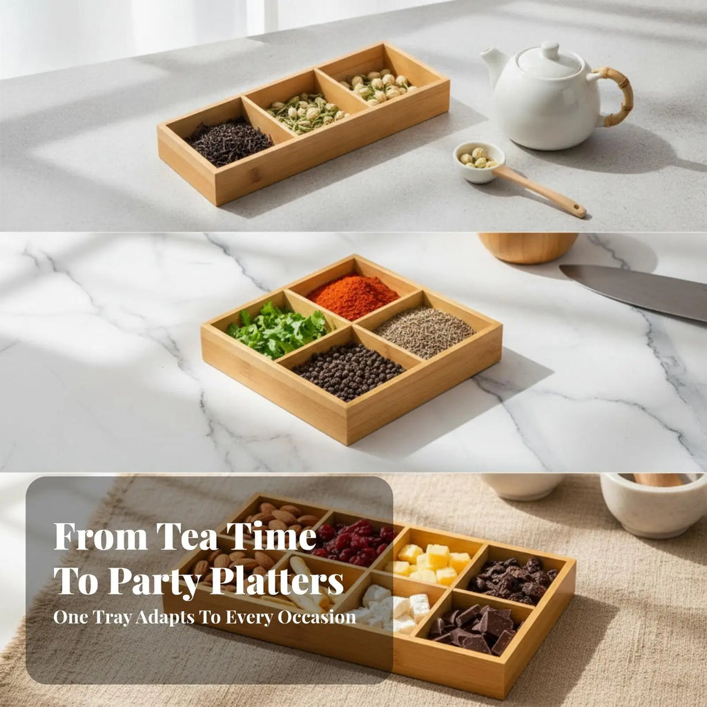 Bamboo Rectangular Serving Tray with Compartments for Candy Nuts and Dried Fruits Versatile Table Decor Tray Quake