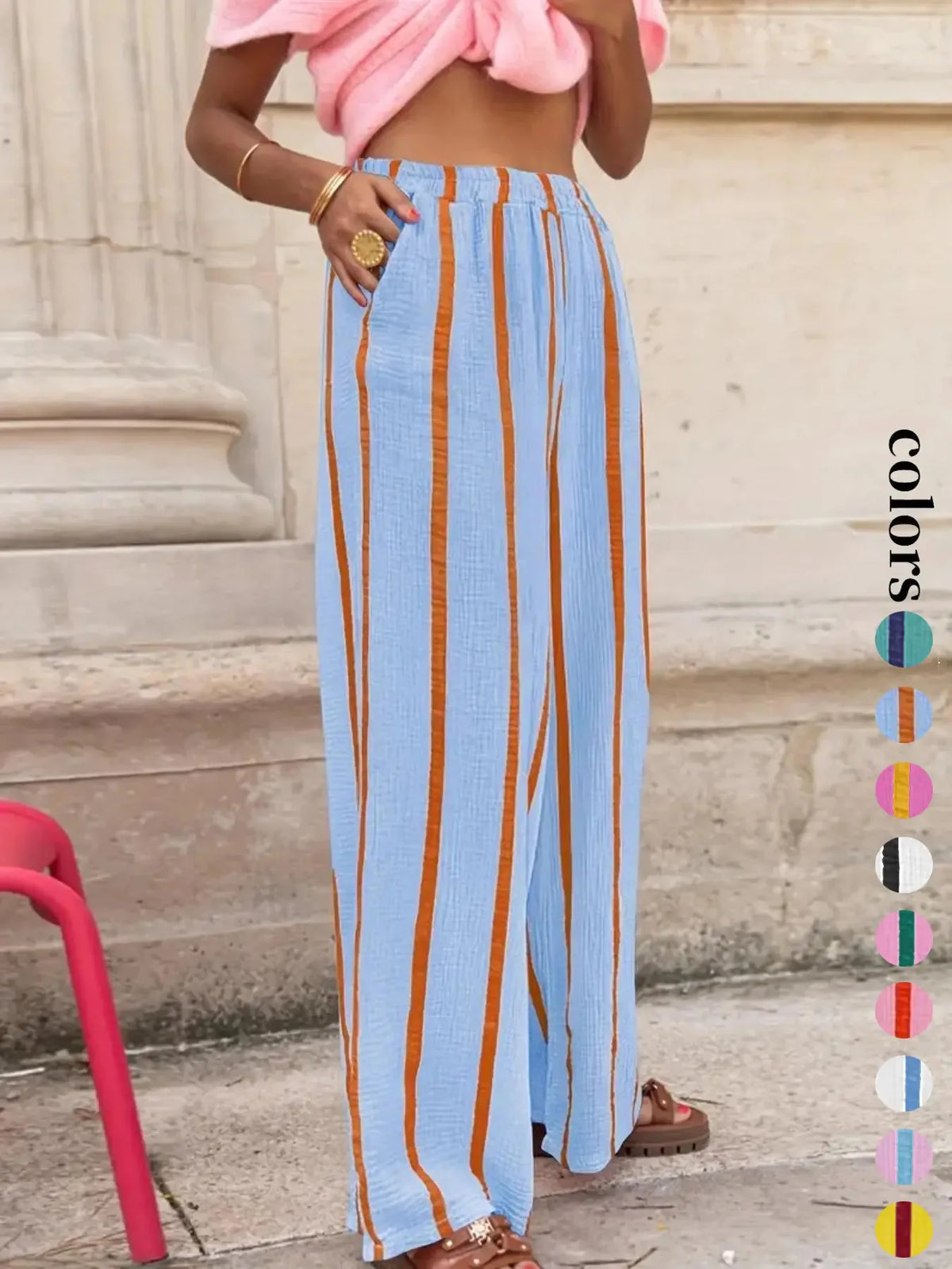 Women's Vertical Stripe Wide-leg Pants, Elastic Waist Pleated Casual Trousers, Resort Style Loose Slimming Floor-length Quake