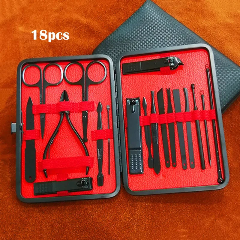 7/10/18Pcs Professional Black Nail Clipper Pedicure Manicure Set Portable Stainless Steel Scissor Cutter Ear Spoon Trim Tool Quake
