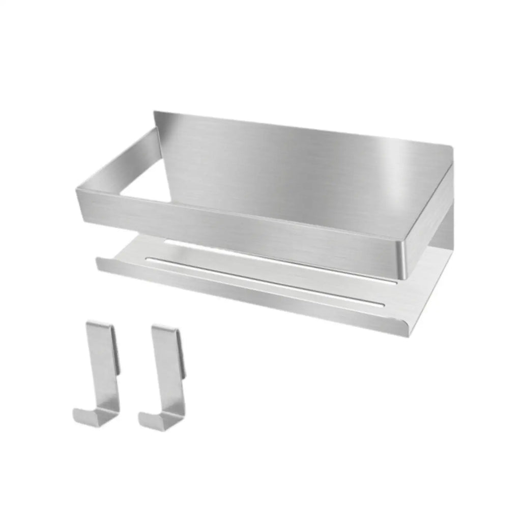 Bathroom Storage Rack with 2 Hooks Smooth Punch Free Rustproof Space Saving Multipurpose for Lavatory Bathroom Hotel Home Use Quake