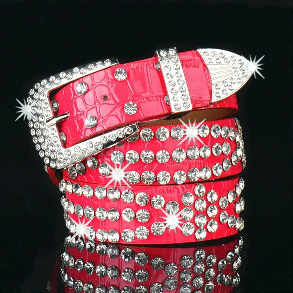Women Adjustable Studded Rhinestone Belt PU Leather Bling Crystal Waistband Quake rose red