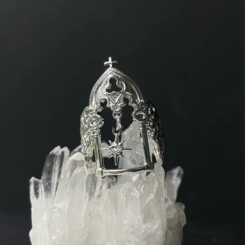 Middle Ancient Style Castle Octagonal Star Ring with Unique Design Sense Open Mouth Art Retro Index Finger Ring Quake