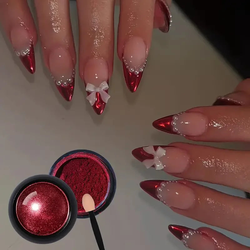 Red Holographic Mirror Nail Powder&Eyeshadow Glitter Lip Makeup 3D Metallic Shine with Free Brush Mirror Mechanical Makeup Effec Quake