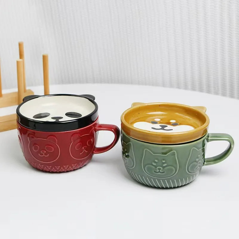 YWDL 300ml Cartoon Animal Ceramic Mug With Lid Breakfast Oatmeal Cup And Saucer Milk Coffee Mug With Spoon Microwave Oven Safe Quake