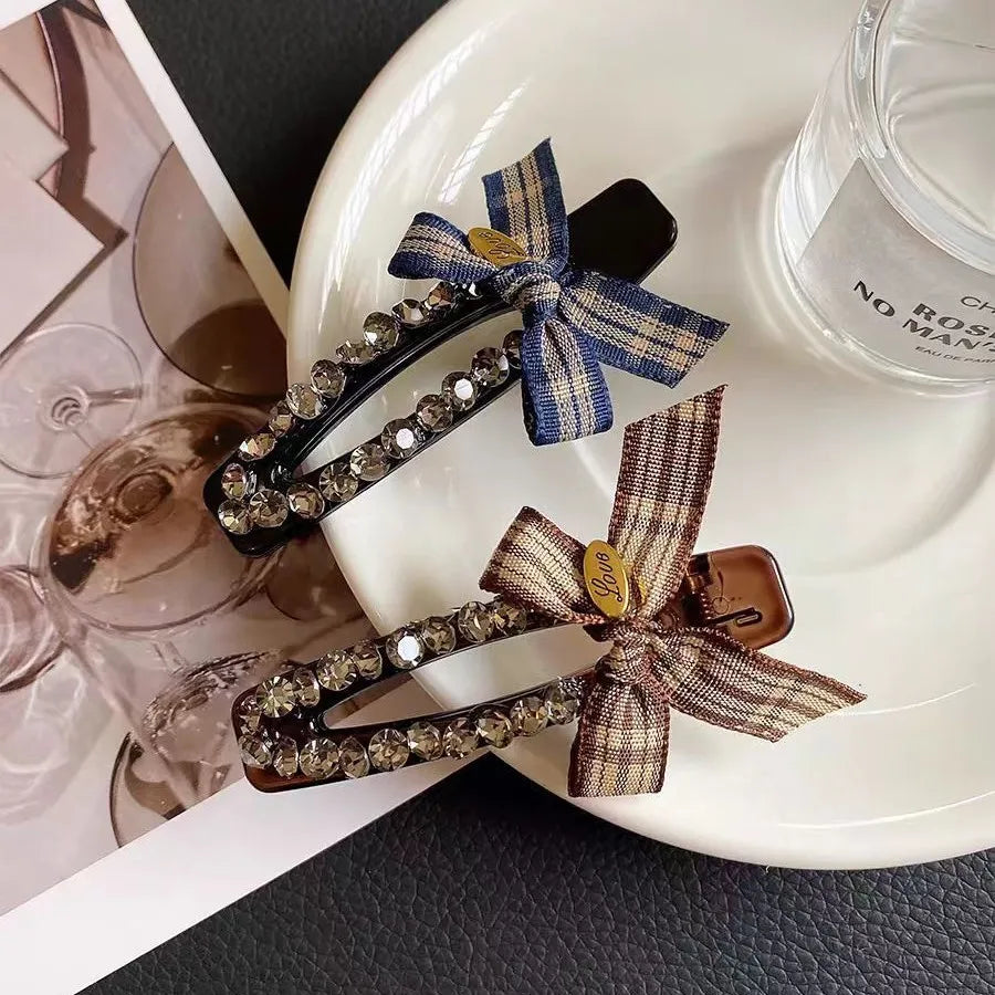 Korean Hollow BB Clip Simple Exquisite Ribbon Bow Rhinestone Duckbill Clip Temperament Bangs Side Clip Women Hair Accessories Quake