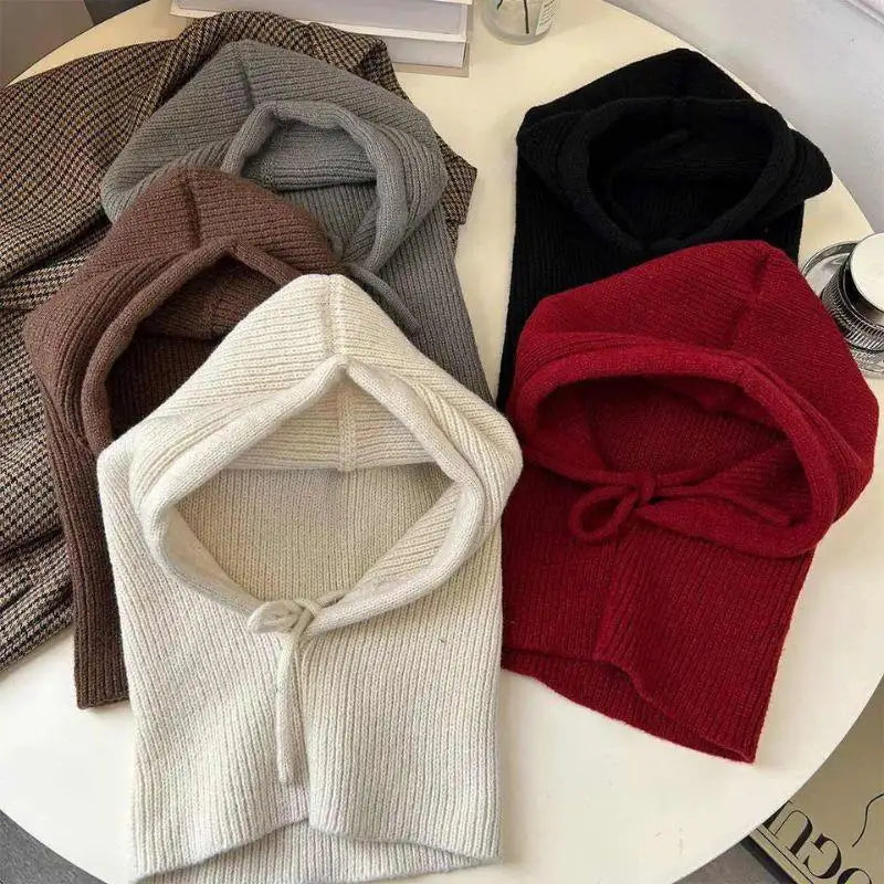 Winter Knitted Hooded Scarf Hat Warm Balaclava Hats Outdoor Ear Protection Beanies Solid Color Warm Drawstring Mask Scarf Cover Quake
