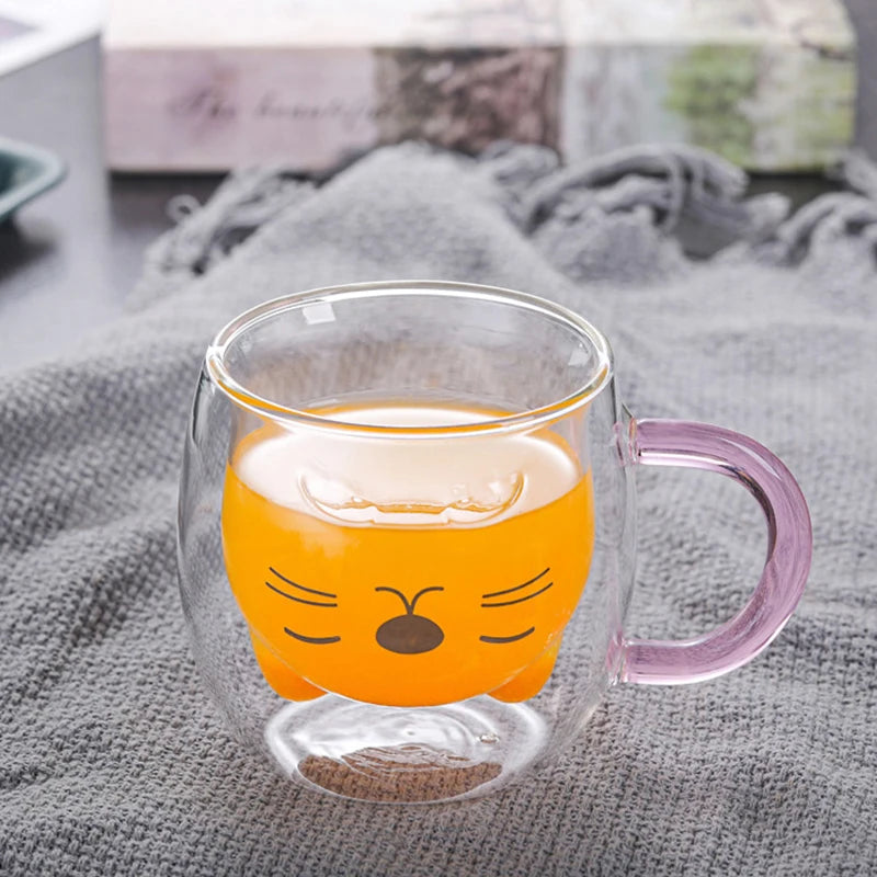 1/2pcs Cute Cat Mugs With Handle Glass Double Wall Insulated Glass Espresso Cup Coffee Milk Mug Gift Quake