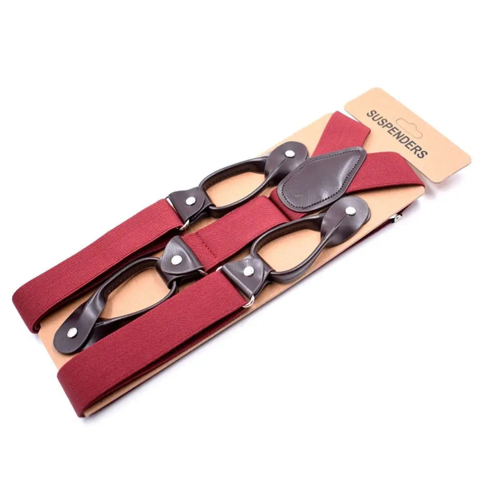 Adult Trimmed Button End Leather Y Shape Adjustable Strap Clip Elastic Braces Braces Suspenders Trouser Straps Belt Quake Burgundy