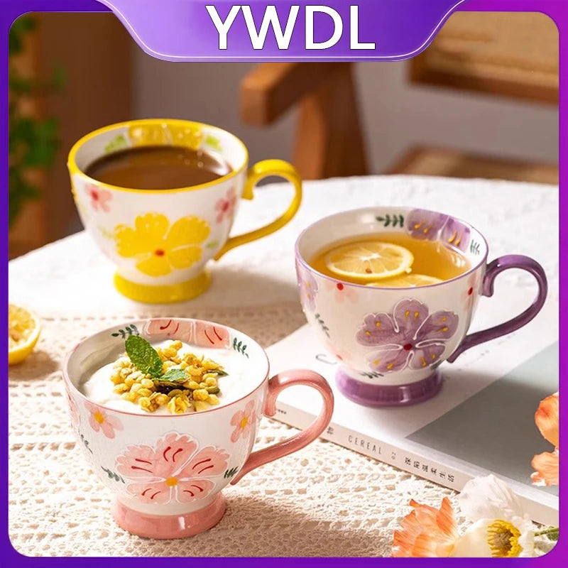 1pcs Flower Ceramic Mug Heat-resistant Breakfast Milk Oat Cup Hand Drawn Large Capacity Juice Handle Cup Microwave Safe 450ml Quake